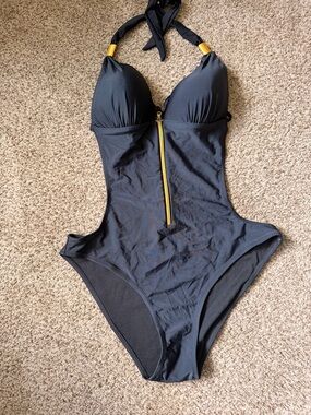 Women's Black One-Piece Halter Swimsuit with Gold Zip Detail